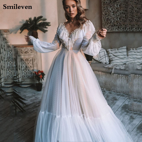 Smileven Bohemian Wedding Dresses Modest Puffy Long Sleeve Lace Wedding Gowns Romantic Buttons Back vestido de noiva Bride Dress ► Photo 1/5