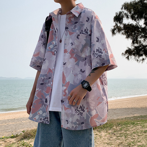 brand shirt men's couple's Hawaiian Flower short sleeve coat fashion Korean summer quarter sleeve harajuku shirts for men 2022 ► Photo 1/6