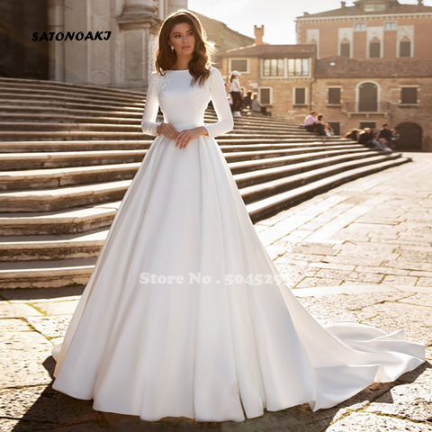 Simple Long Sleeve Wedding Dress 2022 for Women White Satin Princesa Bride Gowns Elegant Vestido De Novia Robe Mariage India ► Photo 1/6