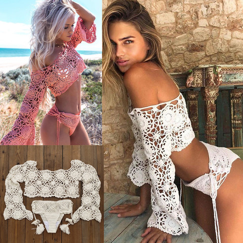 Hand Crochet Bikini Set Women boho Sexy cover up swimming trunks beach Swimwear festival clothing ► Photo 1/6