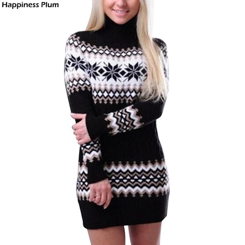 2022 New Women's Winter Warm Turtleneck Sweaters Dress Knitted Female Long Christmas Pullovers Patchwork Knitwear Mini Bodycon ► Photo 1/5