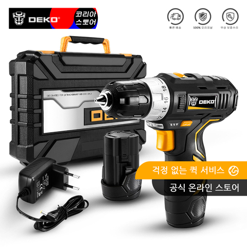 DEKO GCD12DU3 12V 충전식 무선 전동드릴 DC 리튬이온 배터리 10mm 척 2단 변속기어 토크조걸 18단+1 고속회전 ► Photo 1/1