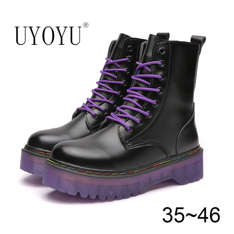 Women Increased Boots 2022 Fashion Genuine Leather Purple Ankle Martinns Boots For Woman Casual Motorcycle Shoes Warm Winter ► Photo 1/6