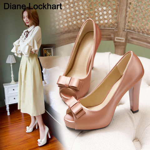 Hot Summer Pumps Women's bow-knot Thick heel Shoes Fight Color Fish Mouth Fine With High Heels 9CM zapatos de mujer Size 32-45 ► Photo 1/6