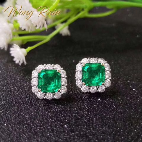 Wong Rain Vintage 100% 925 Sterling Silver Emerald Gemstone Diamonds Ear Studs Cocktail Party Earrings Fine Jewelry Wholesale ► Photo 1/5