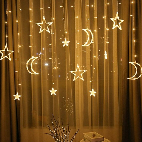 LED Moon Star Curtain Lamp String Light Garland Fairy Lights Christmas Holiday Lights Window Wedding Decoration EU/US/UK Plug ► Photo 1/6