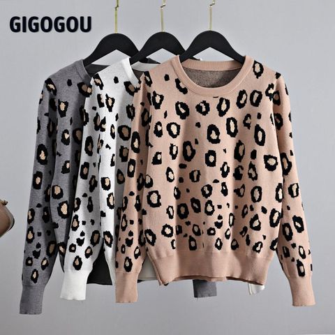 GIGOGOU Newly Leopard Women O Neck Sweater 2022 Autumn Winter Thick Warm Pullovers Top Soft Female Jumper Knitwear Outfits Pull ► Photo 1/6