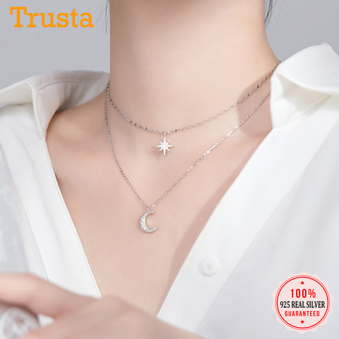 TrustDavis  Real 925 Sterling Silver Double Beads Chain Star Moon CZ Choker Necklace For Women Wedding Party S925 Jewelry DA1321 ► Photo 1/6