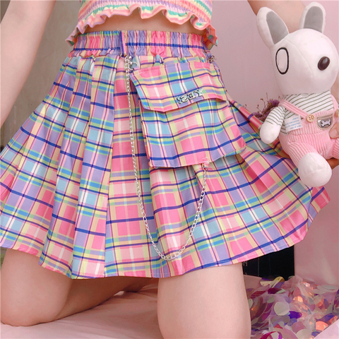 Harajuku Plaid Skirts Women Kawaii High Waist A-line Pleated Mini Skirts Rainbow Korean Japanese School Uniform ► Photo 1/6