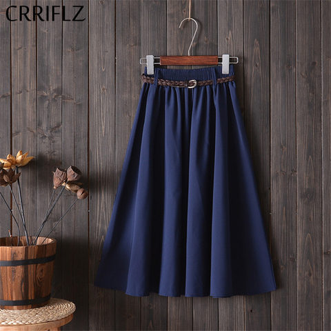 CRRIFLZ Midi Knee Length Summer Skirt Women With Belt Fashion Korean Ladies High Waist Pleated A-line School Skirt Female ► Photo 1/6