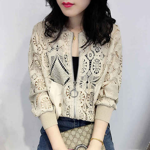 2022 autumn and winter new women's hollow lace cardigan top all-match blouse coat loose long-sleeved sunscreen shirt ► Photo 1/6