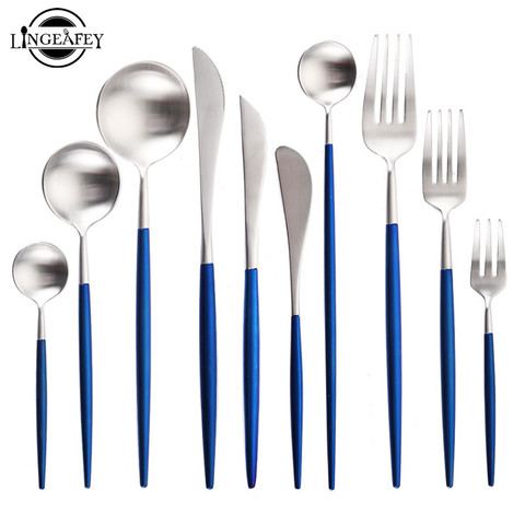 Steel Cutlery Set Blue Silver Spoon Knife Dinner Set for Western Wedding Forks Spoon Knives Korean Kitchen Spoon Fork Knife Set ► Photo 1/6