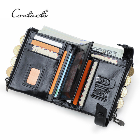 CONTACT'S 100% Cow Leather Wallet Men Bifold Card Holder Wallets RFID Blocking Hasp&Zipper Coin Purse for Male Carteira Quality ► Photo 1/6