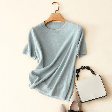 spring summer new cew neck short sleeve basic soft sweater women high quality 100% cashmere pullovers ► Photo 1/6