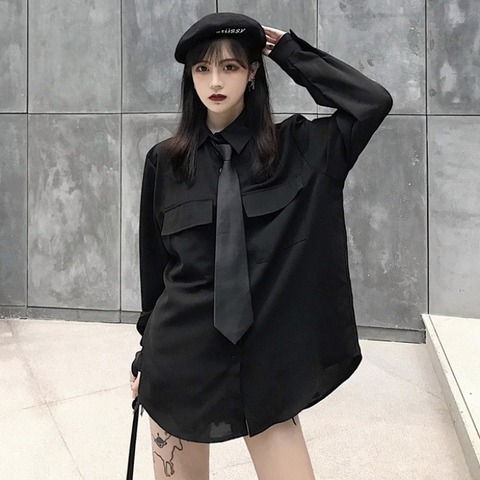 Harajuku Oversized Blouse Women Korea Punk Streetwear Black Casual Vintage Shirts Gothic Loose Long Sleeve Turn-down Collar Tops ► Photo 1/6