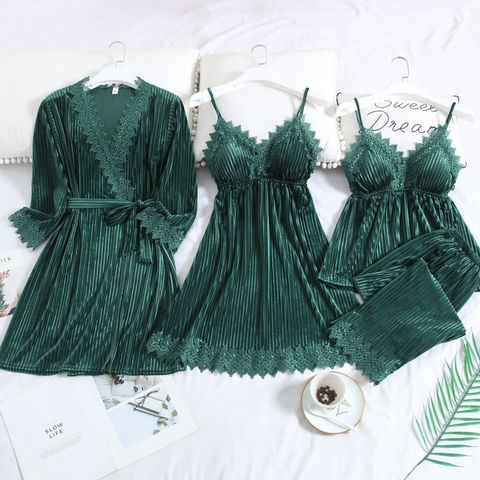 Kimono Robe Set Intimate Lingerie Green 4pcs Pajamas Suit Velour Autumn New Sleep Set Homewear Velvet Nightwear Bathrobe Gown ► Photo 1/5