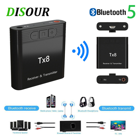 DISOUR TX8 5.0 Bluetooth Receiver Transmitter With Volume Control Button 2 in 1 Audio Wireless Adapter 3.5MM AUX For Car TV PC ► Photo 1/6