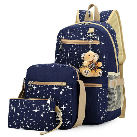 3pcs/set Women Backpack School Bags Star Printing Cute Backpacks With Bear For Teenagers Girls Travel Bag Rucksacks Mochila ► Photo 1/4