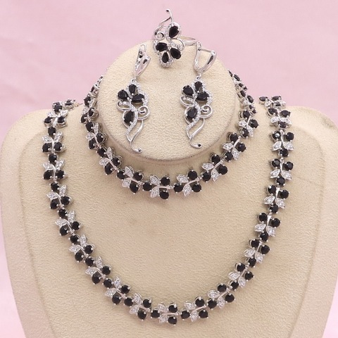 Classic 925 Silver Jewelry Sets For Women Black Zircon Earrings Bracelet Pendant Necklace Ring Bridal Jewelry ► Photo 1/6