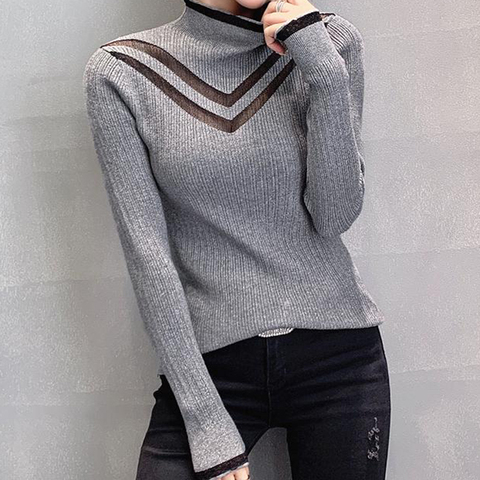 Sexy New Winter Hollow Out Net Yarn Splicing Knit Female Half Bright Silk Turtle Neck Top Render Unlined Upper Garment Sweater ► Photo 1/6