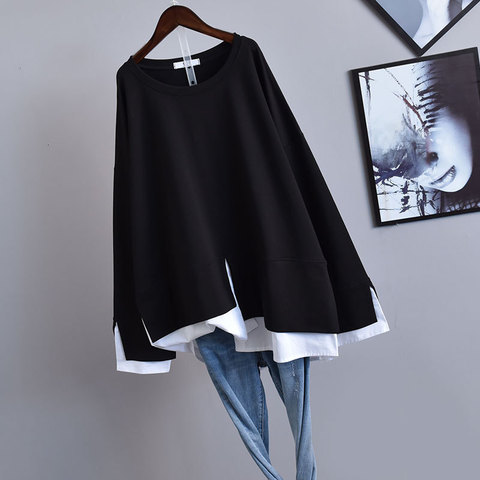 2022 Autumn&Winter New Korean Women Simple Black Oversize Fake Two-piece Long-sleeved Loose Slim T-shirt Women Top Free Shipping ► Photo 1/6