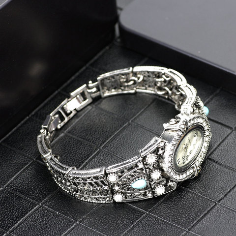 Sunspicems Vintage Old Silver color Indian Women Wrist Watch Cuff Bracelet Oval Watchcase Full Rhinestone Elegant Festival Gift ► Photo 1/6