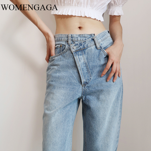 2022 Summer New Fashion Light Blue Women Asymmetric Fly Jeans With Button Closure Split Waist Straight Leg Jeans Plus Size 2S4F ► Photo 1/6