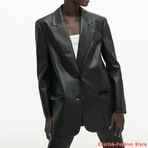 2022 Long PU Faux Leather Blazers Women Leather Jacket Coat Brand New Women's Jackets Outerwear Ladies Coats Female Leather Suit ► Photo 1/6
