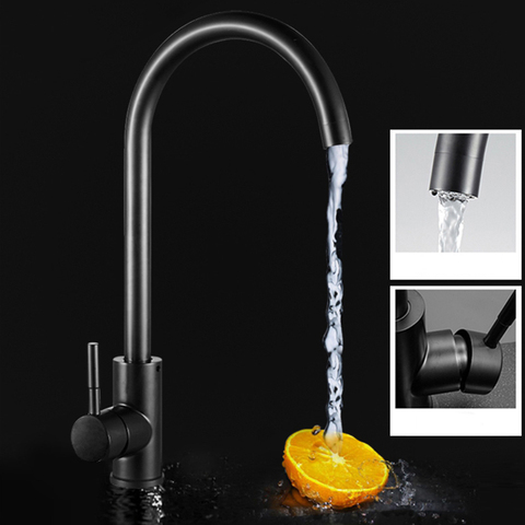 Midnight Black Stainless Steel Kitchen Sink Faucet Single Hole Hot And Cold Water Mixer Deck Mounted Tap Round Tank Spigots ► Photo 1/6