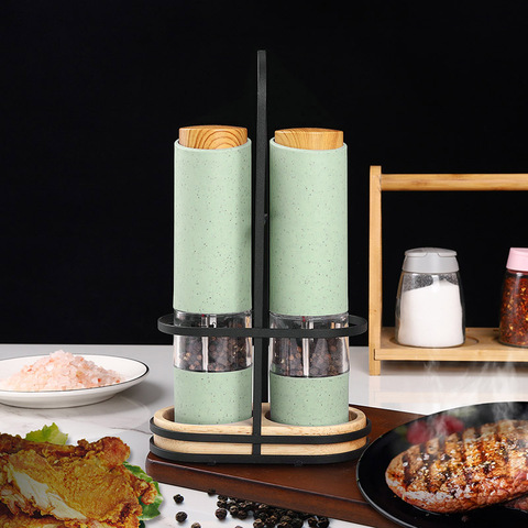 Wheat Straw Electric Salt Pepper Grinder Set LED Light Automatic Spice Herb Mill Adjustable Coarseness Ceramic Core Kitchen Tool ► Photo 1/6