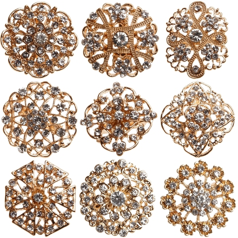 Plated Meta Rhinestone Crystal Gold Flower Brooches Pins For Wedding Bouquet Brooch Pin For Bridal Party Bags Clothes Gift Box ► Photo 1/6
