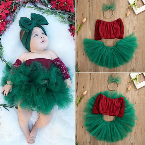 Infant Baby Girls Princess Christmas Clothes Lace Patchwork Top+Tutu Skirt + Lovely Bowknot Fashion Xmas Outfit ► Photo 1/6