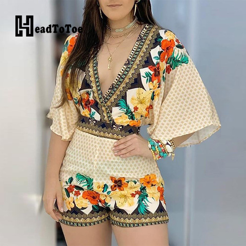 Deep V Neck Floral Half Sleeve Romper Women Playsuits Summer Casual One Piece Overalls ► Photo 1/6