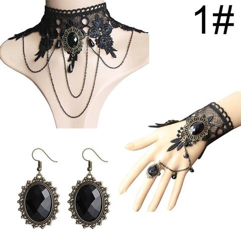 Gothic Style Jewelry Set Vintage Lace Choker Necklace Ring Hand Bracelet Drop Earrings Set Jewelry Accessories Party Dress Up ► Photo 1/6