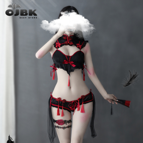 Sexy Cosplay Traditional Dress for Women Gothic Punk little Devil Bra Set Black Red Cheongsams Party Fashion Solid Color Satin V ► Photo 1/6