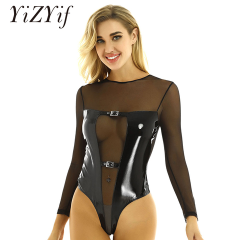 Womens Bodysuit One-piece Wetlook Patent Leather Long Sleeves See through Sheer Mesh Splice Thong Leotard Nightwear ► Photo 1/6