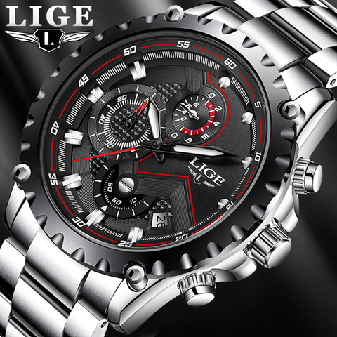 2022 LIGE Fashion Mens Watches Top Luxury Brand Silver Stainless Steel 30m Waterproof Quartz Watch Men Army Military Chronograph ► Photo 1/6