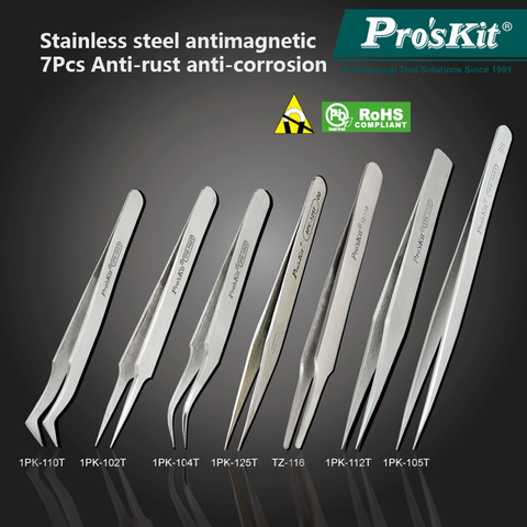 Proskit 7Pcs Anticorrosive Electronic Tweezers Precision Stainless Steel Long Tweezers Set Forceps Pincette Clamps For Soldering ► Photo 1/6