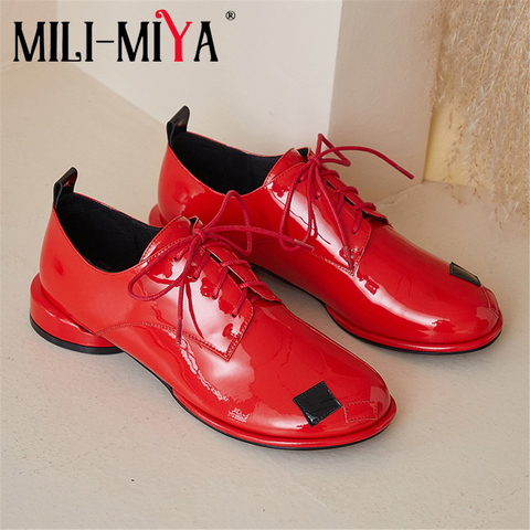 MILI-MIYA Personalized Design Mixed Color Women Patent Leather Pumps Lace-Up Round Toe Full Genuine Leather Fashion Street Shoes ► Photo 1/6