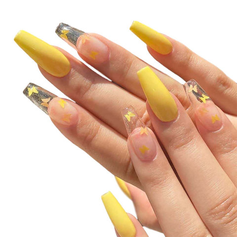 Price History Review On 24pcs Box Long French False Nail Ballerina Fake Nails Yellow Butterfly Pattern Square Nail Decal False Nails Press On Nail Tips Aliexpress Seller Breezy Bud Store