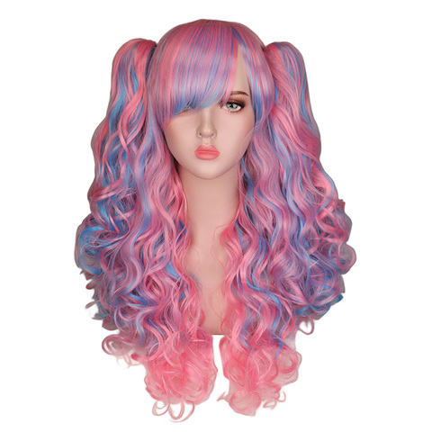 QQXCAIW Long Wavy Cosplay Wig Purple pink Ombre Black White Heat Resistant Synthetic Hair Wigs With two ponytails ► Photo 1/6