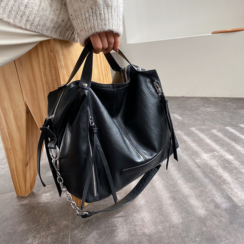 Large Capacity Leather Handbag Casual Shoulder Bag Womens Pocket Soft Black 