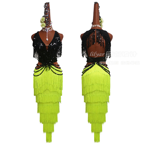 Latin Dance Dress Competition Dress Dance Skirtes Costumes Skirt Performing Dress Fluorescent Green Black Sequined Fringe pearl ► Photo 1/6