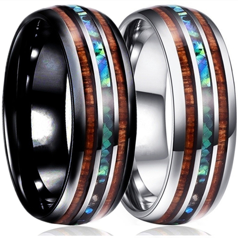 FDLK   New Fashion Couple 8mm Tungsten Carbide Steel Ring Hawaiian Koa Wood Abalone Shell Ring Men Women Wedding Band ► Photo 1/6