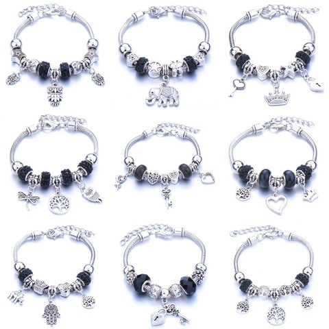 Vintage Black Tree of Life Crown Charm Bracelets for Women  Crystal Beads  Pandora Bracelets Pulseras Mujer Charms Jewelry ► Photo 1/6