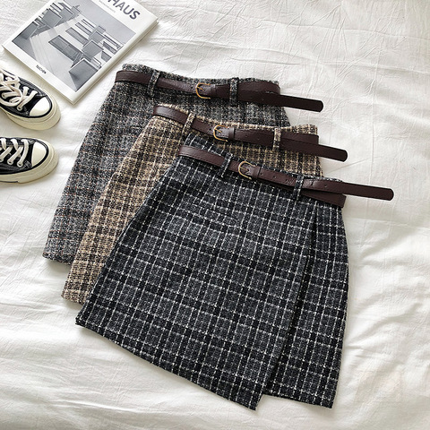 Korean Irregular Lady Skirt Female Autumn Sweet High Waist A-line Mini Skirt Vintage Casual Women Plaid Skirt Chic Sashes ► Photo 1/6