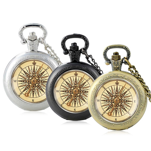 Antique  Compass Design Glass Cabochon Quartz Pocket Watch Vintage Men Women Pendant Necklace Chain Clock Jewelry Gifts ► Photo 1/6