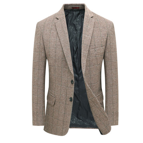 Man Wool Tweed Blazer Plaid Woolen Fabric Jacket Suit Navy Blue Camel Gray Costumn Homme Notched Collar Cuff Button Design Coats ► Photo 1/6