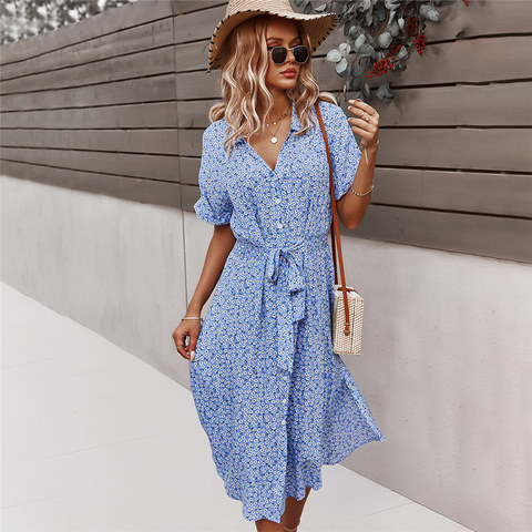 2022 Spring New Bandage Dress Women Casual Short Sleeve Button Print Dress For Woman Summer Holiday Style Dress ► Photo 1/1