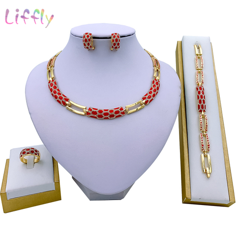 African Jewelry Sets Elegant Bridal Wedding Necklace Red Enamel Jewelry Classic Style Bracelet Earrings Rings for Women Jewelry ► Photo 1/5